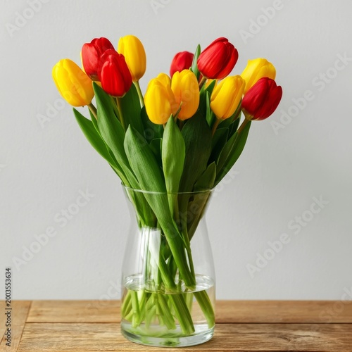Bright Orange and Yellow Tulips Arranged in a Clear Glass Vase on a Wooden Table