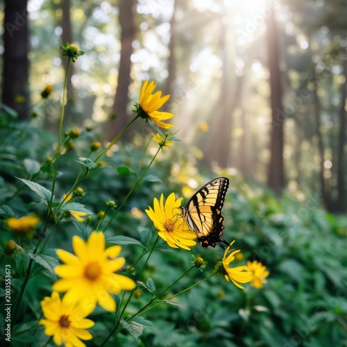 Butterfly Resting on Yellow Flowers in a Sunny Forest Scene During the Day