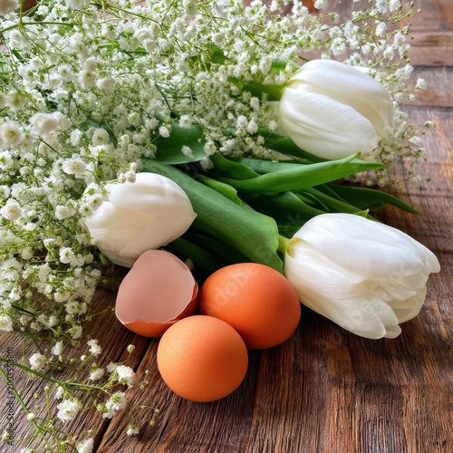 Decorative Arrangement of Eggs and Flowers on Wood Surface for Spring Celebra...