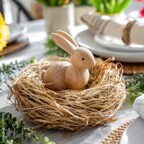 Bunny Decor Placed in a Nest on a Dining Table During Spring Celebration