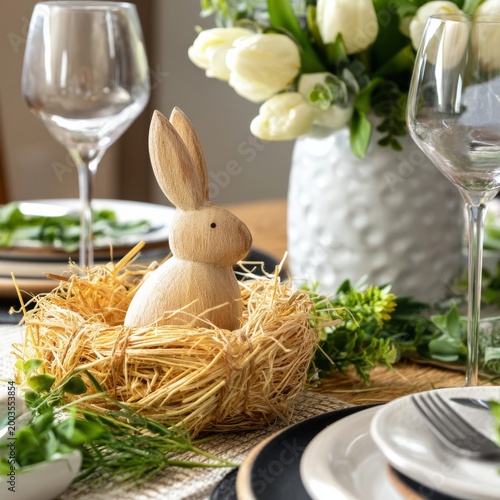 Wooden Rabbit Decoration on a Dining Table With Plants and Candles for a Spri...