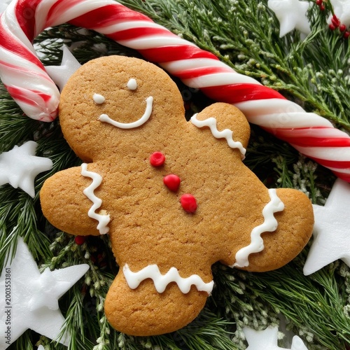 Gingerbread Man on a Green Surface With Candy Canes and White Stars During th...