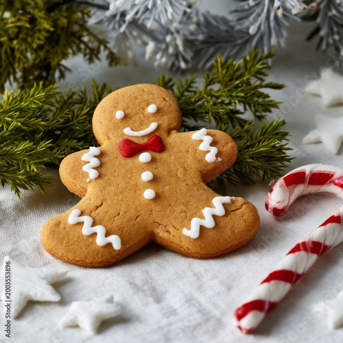 Gingerbread Cookie With Red Bow and Candy Cane on White Cloth With Decoration...