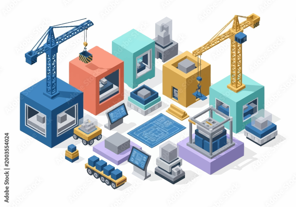 Fototapeta premium Isometric illustration of construction and building process with cranes, blocks, and machinery.
