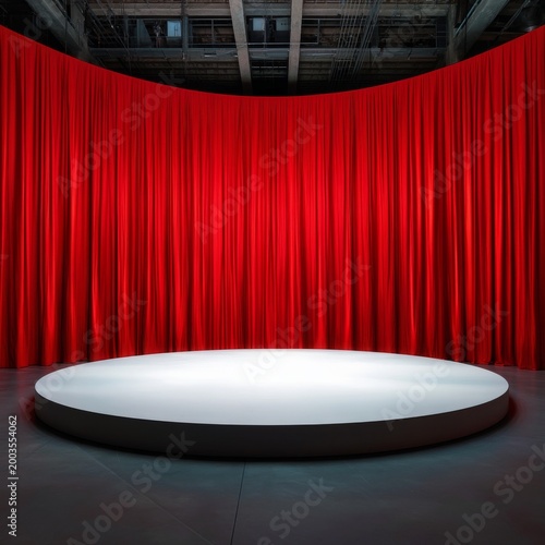 Red Curtain Backdrop With Stage and Bright Lighting for Performance in a Thea...