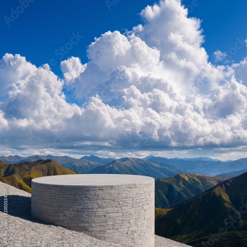Bright Clouds Above Mountain Range and Viewing Platform in Daylight at High E...
