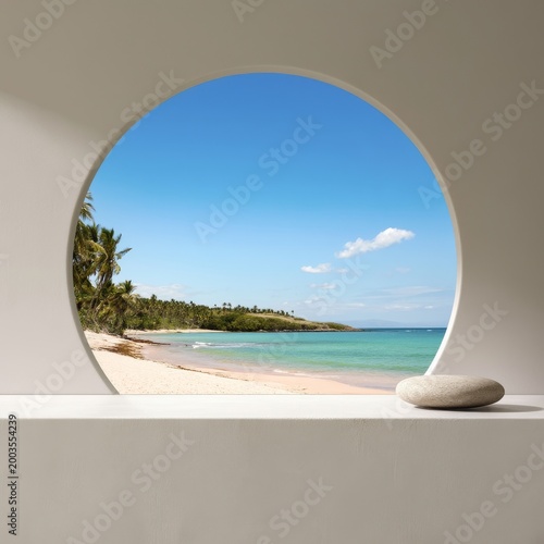 Beautiful Beach View Through a Circular Window at a Resort in the Daytime