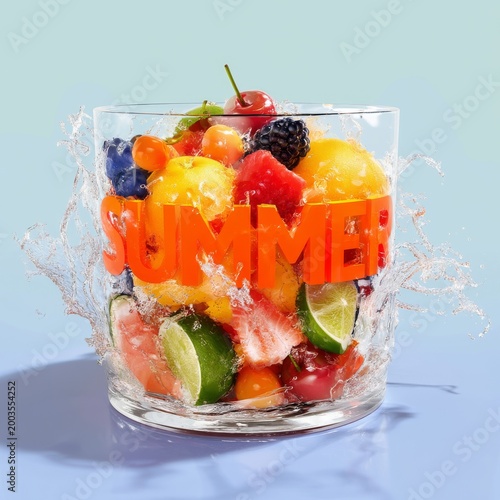 Refreshing Fruit Bowl With Name Summer on Clear Glass Container Filled With V...