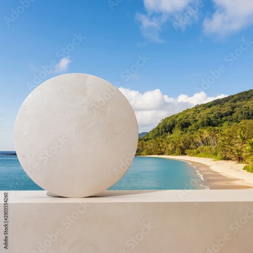 Beautiful Beach View Through a Circular Window at a Resort in the Daytime