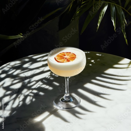 Fresh Cocktail Served in a Glass With Lemon Slice on a Marble Table Surrounde...