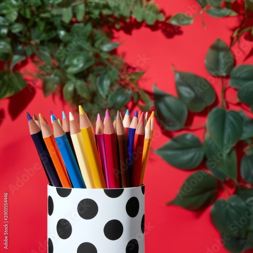 Colorful Pencils in a Cup on a Red Background With Green Leaves