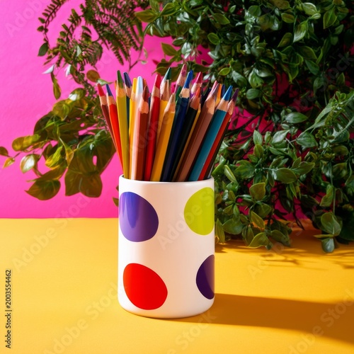 Colorful Pencils in a Cup Near Green Plants on a Bright Orange and Pink Backg...