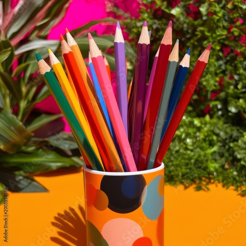 Colorful Pencils in a Cup on a Red Background With Green Leaves