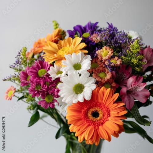 Colorful Bouquet of Fresh Flowers in a Glass Vase on a Simple Background