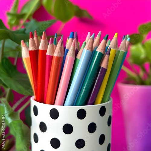 Colorful Pencils in a Cup Near Green Plants on a Bright Orange and Pink Backg...