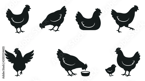Collection of vector chicken silhouettes, farm icons, birds, animals, countryside and agriculture.
