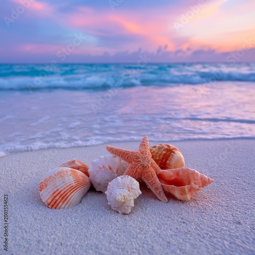 Shells and a Starfish by the Ocean During Sunset on a Beach in a Tropical Loc...