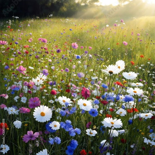 Colorful Wildflower Field During Sunset With Sunlight Shining Through Trees
