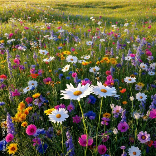 Colorful Flowers Bloom in a Large Field During the Day in a Bright and Sunny ...