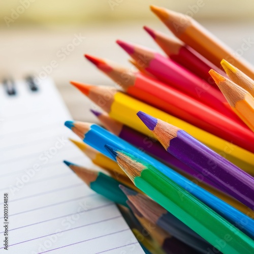 Colorful Pencils and Notepad on Table for Creative Writing and Drawing Activi...