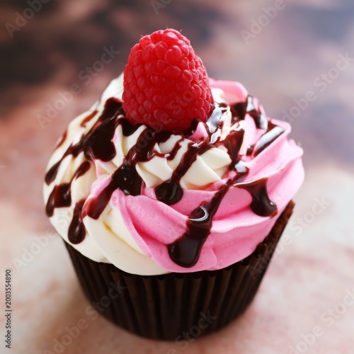 Cupcake With Pink Frosting and Raspberry on Top Served on a Brown Table