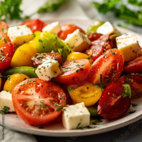 Fresh Salad With Tomatoes and Cheese on a Plate With Herbs and Greens on a Ki...