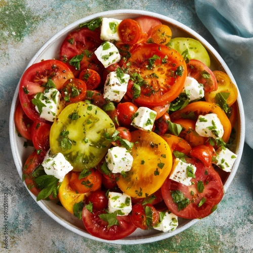 Fresh Salad Made With Tomatoes and Cheese on a Plate With Herbs and Dressing ...