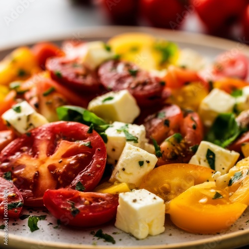 Fresh Salad Made With Tomatoes and Cheese on a Plate With Herbs and Dressing ...