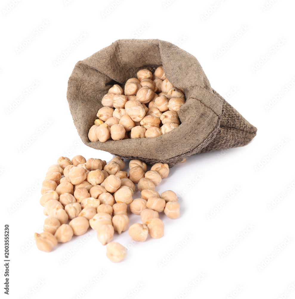 Fototapeta premium Raw chickpeas in bag isolated on white