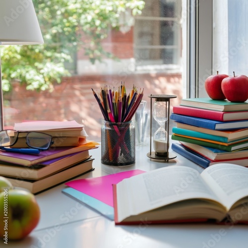 Students Study at a Desk With Books, Apples, and Supplies on a Bright Day in ...