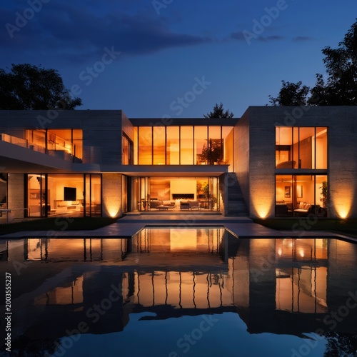 Modern House With Large Windows and a Pool Reflecting Lights at Night in a Su...