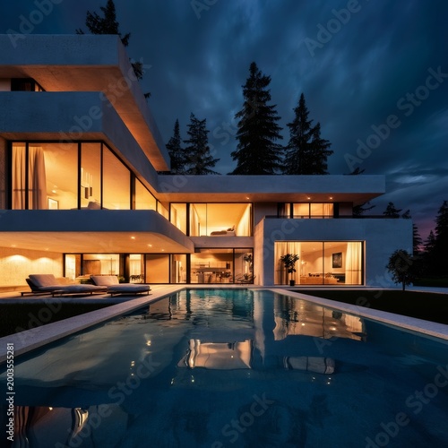 Modern House by the Pool at Twilight With Lights on and Trees in the Background