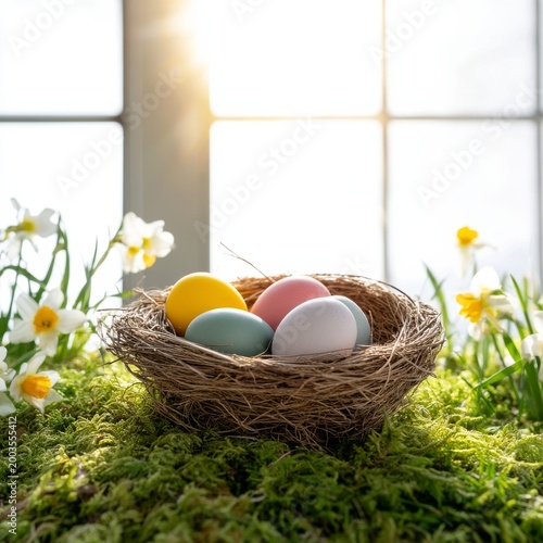 Colorful Eggs in a Nest on a Table Near Blooming Flowers in Spring Sunlight