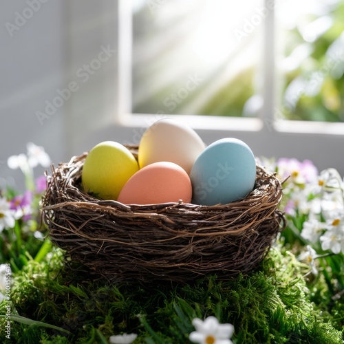 Colorful Eggs in a Nest on Grass With Flowers in a Sunny Room During Springtime