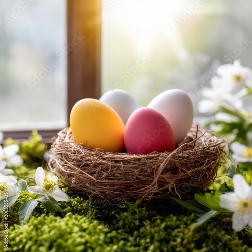 Colorful Eggs in a Nest on Grass With Flowers in a Sunny Room During Springtime