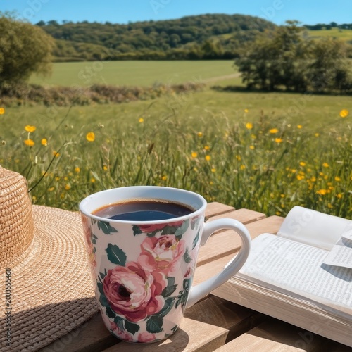 Enjoying Coffee in a Field With Flowers and a View During a Sunny Day