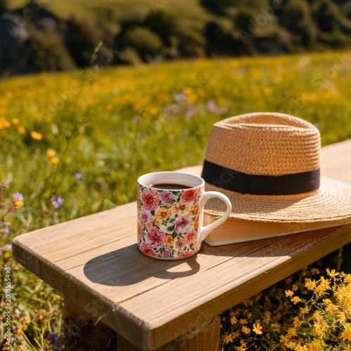 Enjoying Coffee in a Field With Flowers and a View During a Sunny Day
