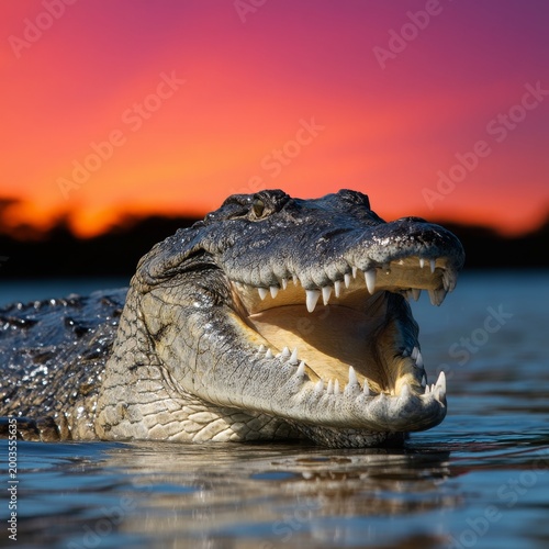 Crocodile Opens Mouth Under Colorful Sunset Sky at a River in a Natural Habitat