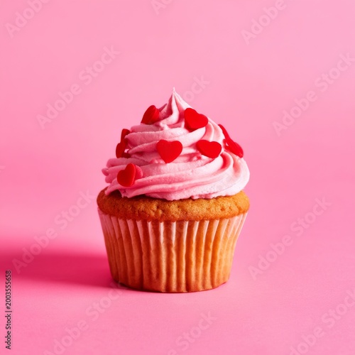 Cupcake With Pink Frosting and Heart Sprinkles on a Pink Background