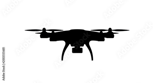 Black silhouette of a drone with a camera, isolated on a white background.