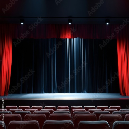 Stage is Set With Red Curtains and Empty Seats in a Theater During a Performa...