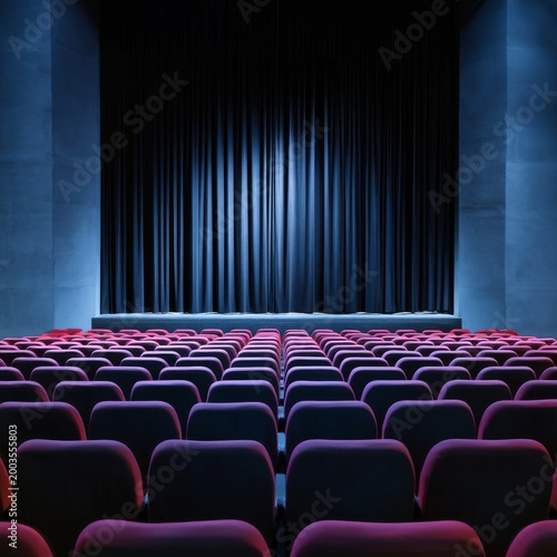Rows of Empty Seats Face a Dark Stage in a Theatre Before the Show Begins in ...
