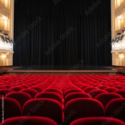 Rows of Empty Seats Face a Dark Stage in a Theatre Before the Show Begins in ...