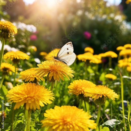 Butterfly Resting on Yellow Flower in Forest During Sunset Light