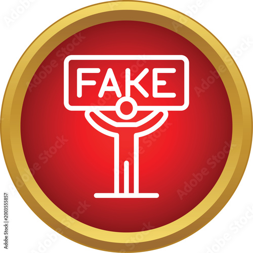 Person icon holding a sign with fake text inside a red and gold circle