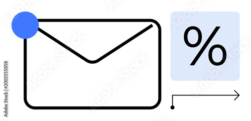 Business marketing, discounts, communication, promotions, offers, sales. An envelope icon with a dot and percentage symbol. Business marketing and discounts are the focus of the design