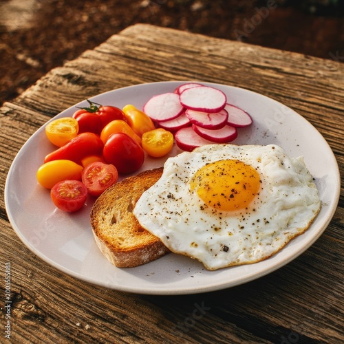 Breakfast Plate With Egg, Tomatoes, Radish, and Toast on Wooden Table During ...