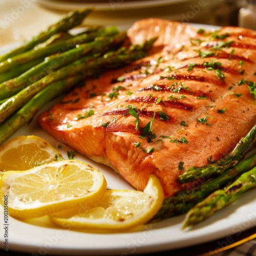 Delicious Grilled Salmon With Asparagus and Lemon on a White Plate at a Dinin...