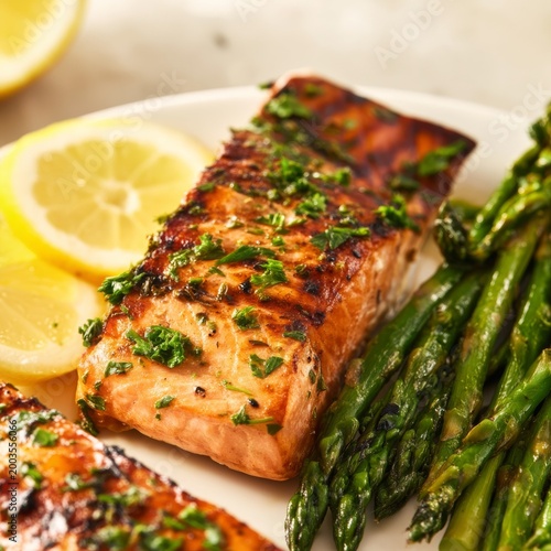 Delicious Grilled Salmon With Asparagus and Lemon on a White Plate at a Dinin...