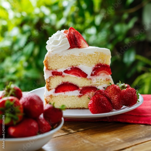 Delicious Dessert Served With Fresh Strawberries in a Garden Setting During D...